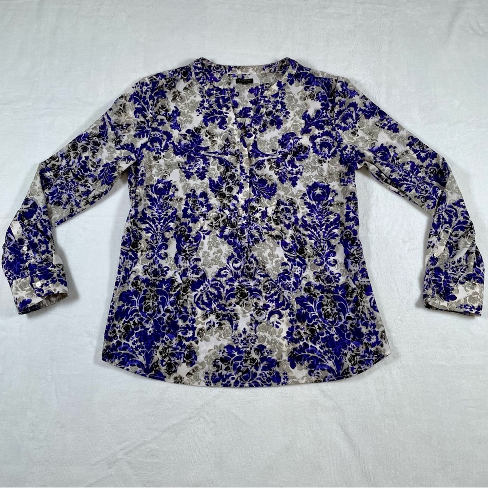 Talbots Womens L Floral Blouse Long Sleeve Lagenlook Office Blue/Gray Roses